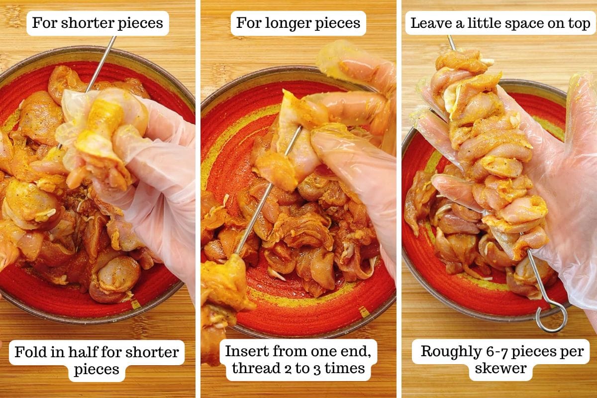 Person demos how to thread chicken onto skewers so they won't fall apart.