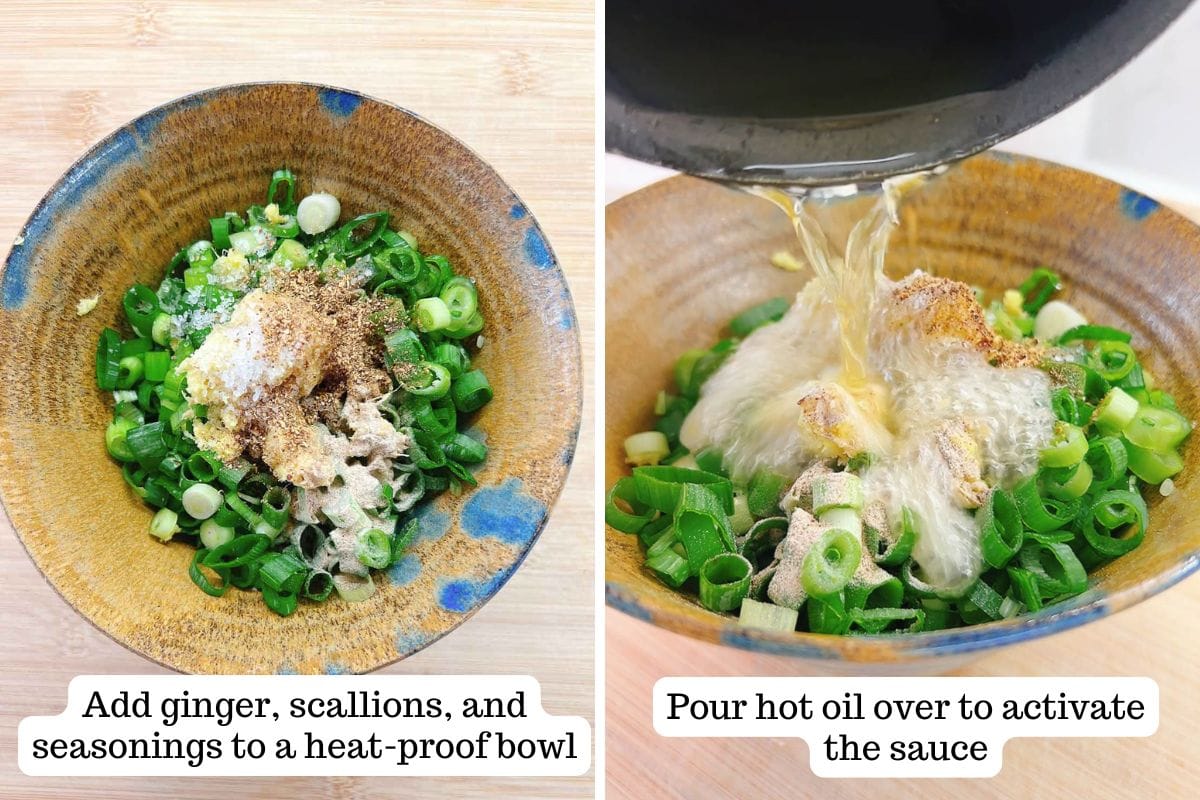 Person shows how to make ginger scallion sauce.