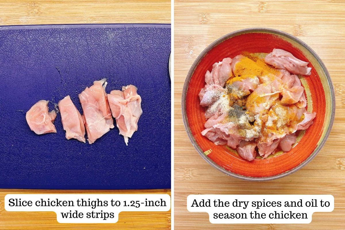 Person demos how to slice and season the chicken for kabobs use.