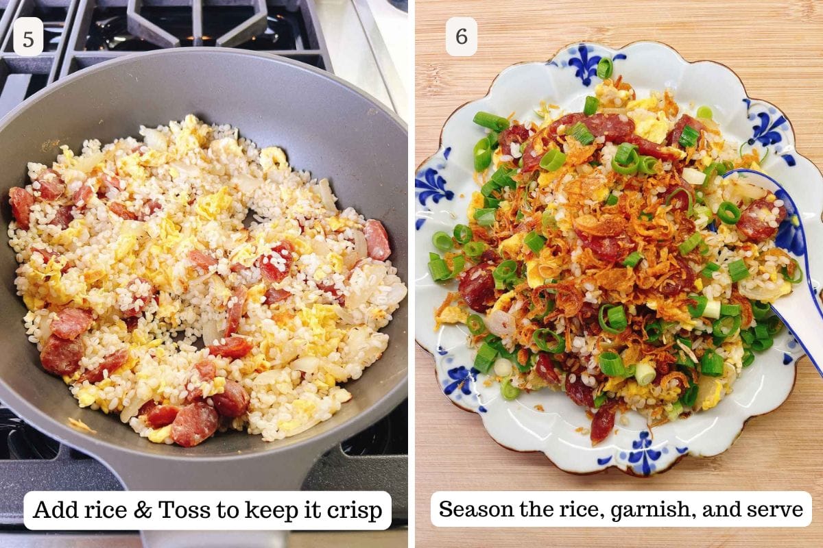 Person demos adding cooked rice to make fried rice and how to garnish it.