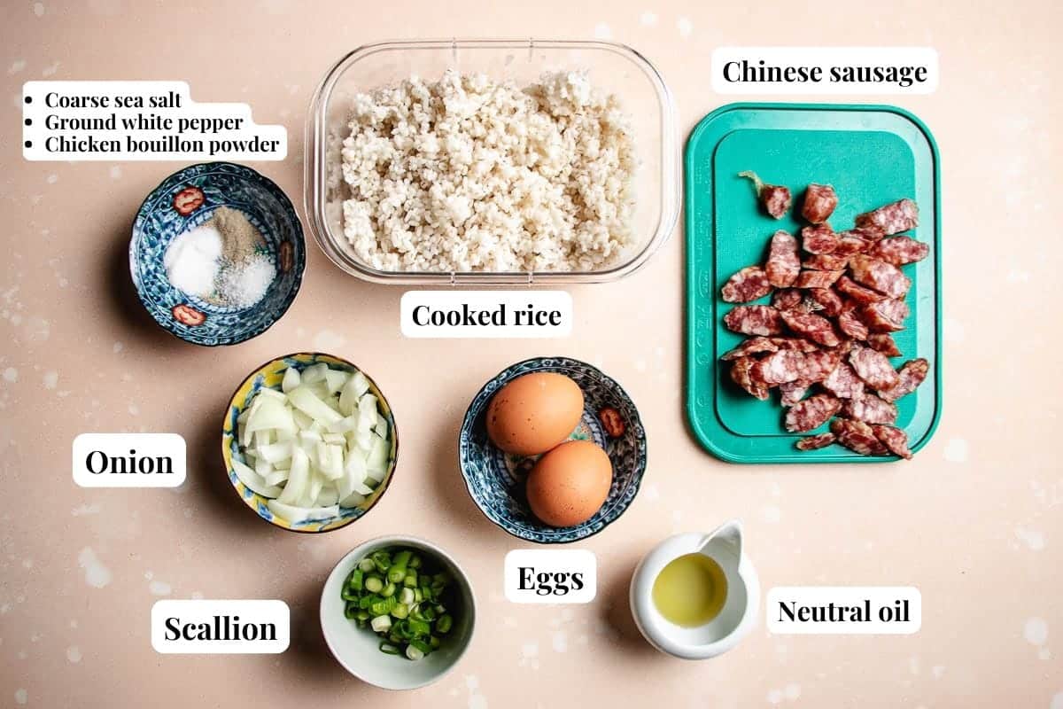 Photo shows ingredients and seasonings used to make fried rice.