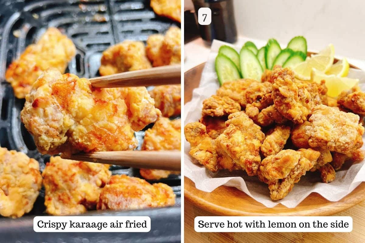 Person demos how crispy the karaage is after air frying and how to serve it.