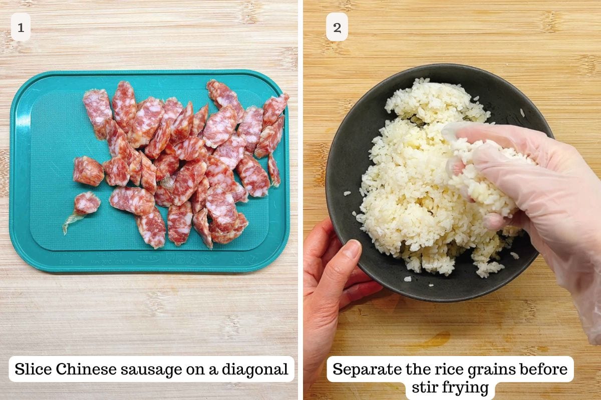 Person demos how to prep and slice Chinese sausage and prepare rice grains before stir frying.