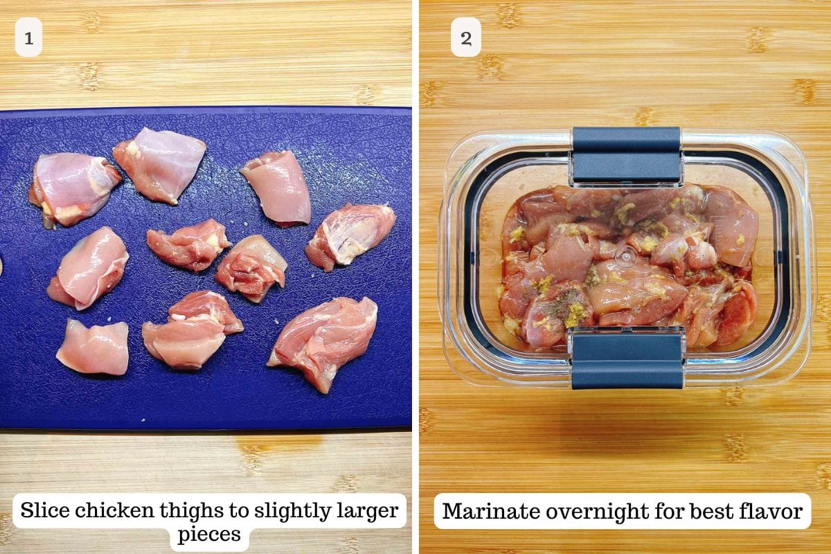 Person demos slicing chicken thighs and marinating the chicken overnight for maximum flavor.