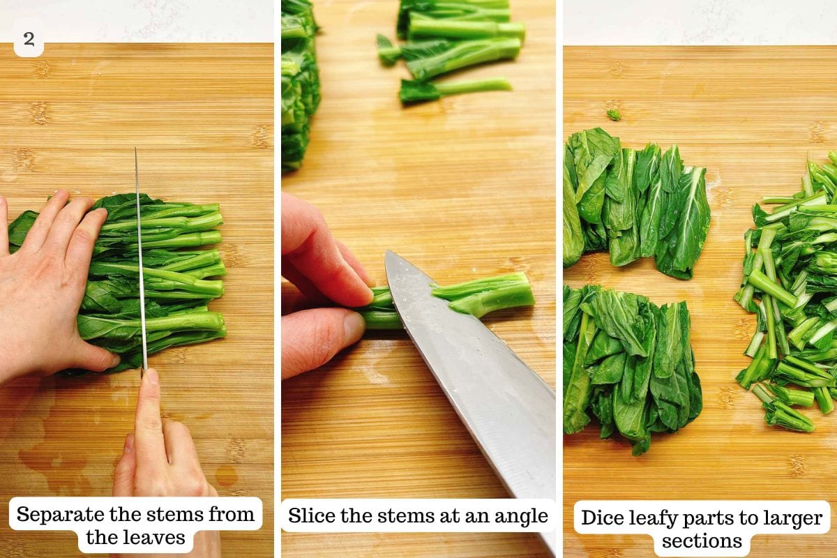 Person demos how to slice choy sum stems and leaves so they remain crisp-tender when stir frying.