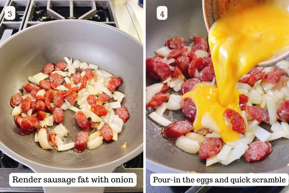 Person demos frying the sausage until fat renders with onions and pour-in the eggs.