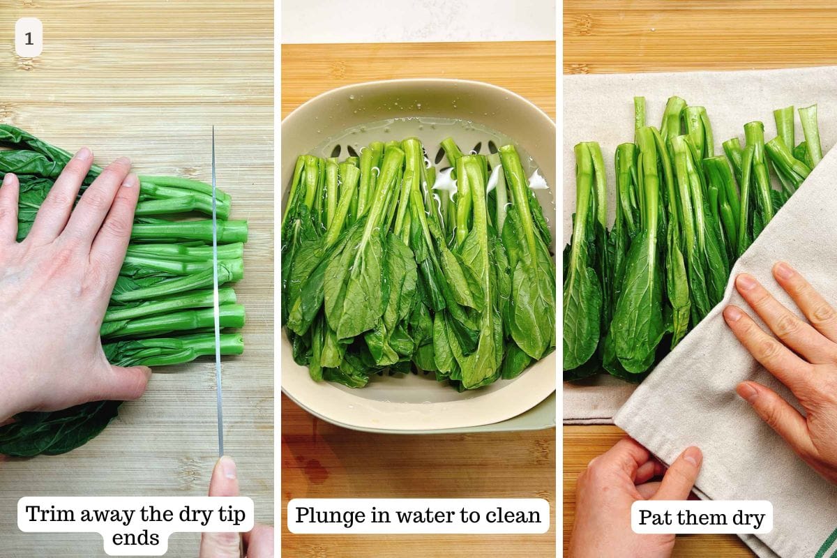 Person demos how to trim and clean choy sum before using.
