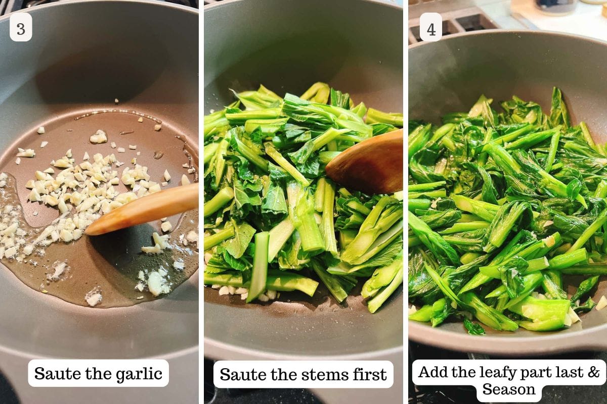 Person demos techniques on stir frying yu choy sum with a simple garlic sauce.