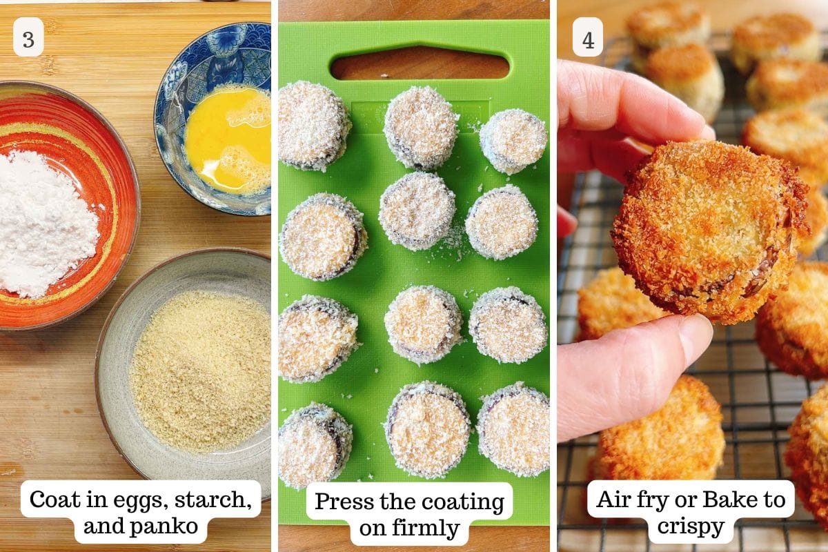 Person demos breading the eggplants and either bake or air fry to super crispy.