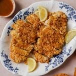 Recipe image for Crispy Chinese lemon chicken with Chinese lemon sauce on the side.