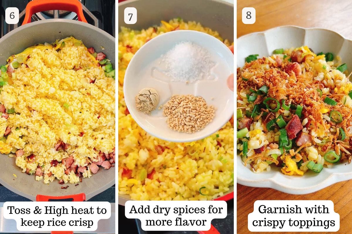 Person demos stir frying rice grains to crisp, seasoning it for more flavor.