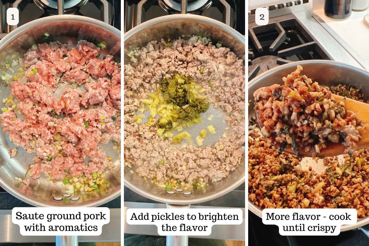 Person demos making ground pork crisp, flavorful, authentic Taiwanese flavor.