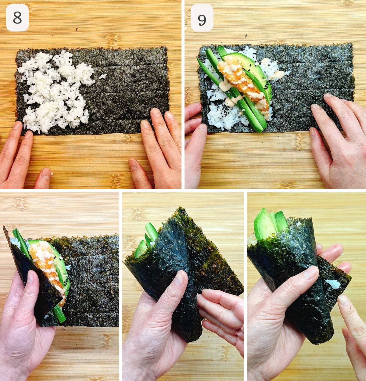 Person demos how to wrap hand roll sushi with step-by-step image.