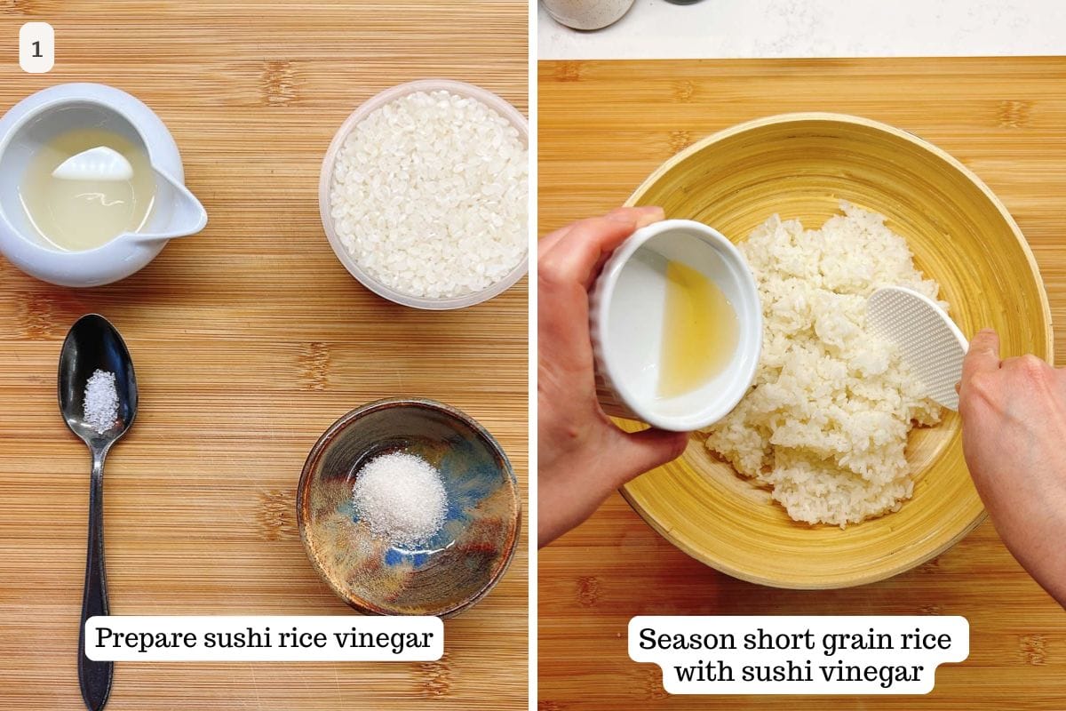 Person demos how to make and season rice for sushi hand roll use.