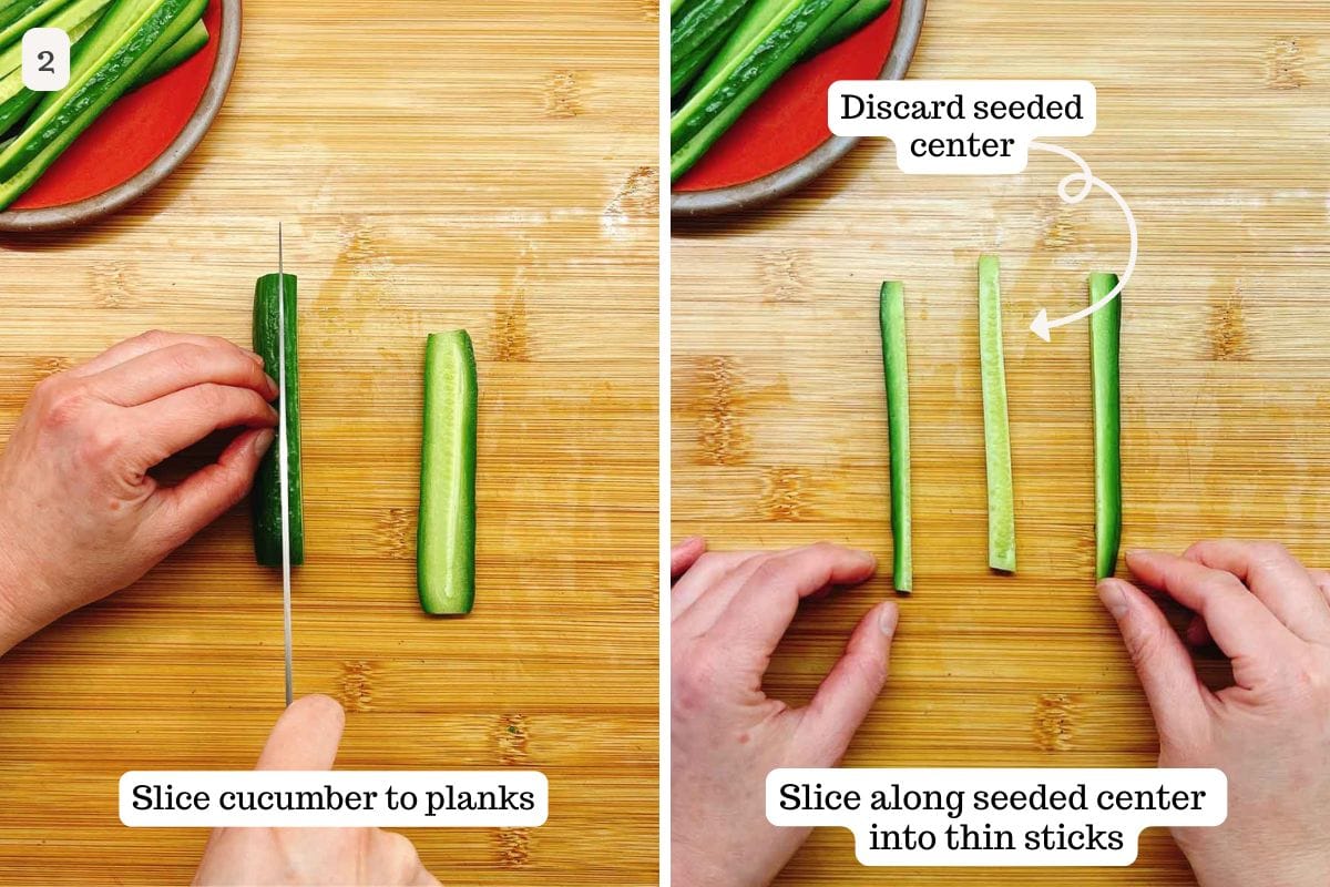 Person demos the correct way to slice cucumber for sushi use.