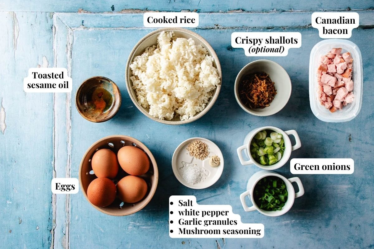 Ingredient image shows individual items and seasonings used to make the fried rice.