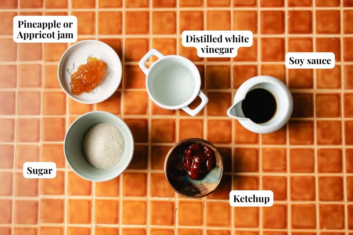 Photo shows ingredients used to assemble sweet sour dip.