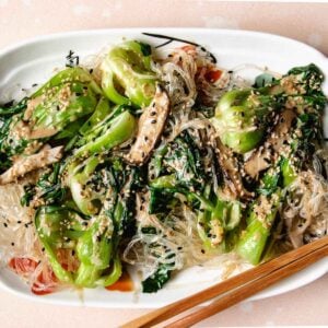 Kelp noodle salad recipe image with softened kelp noodles, tossed with baby bok choy in a sesame dressing.