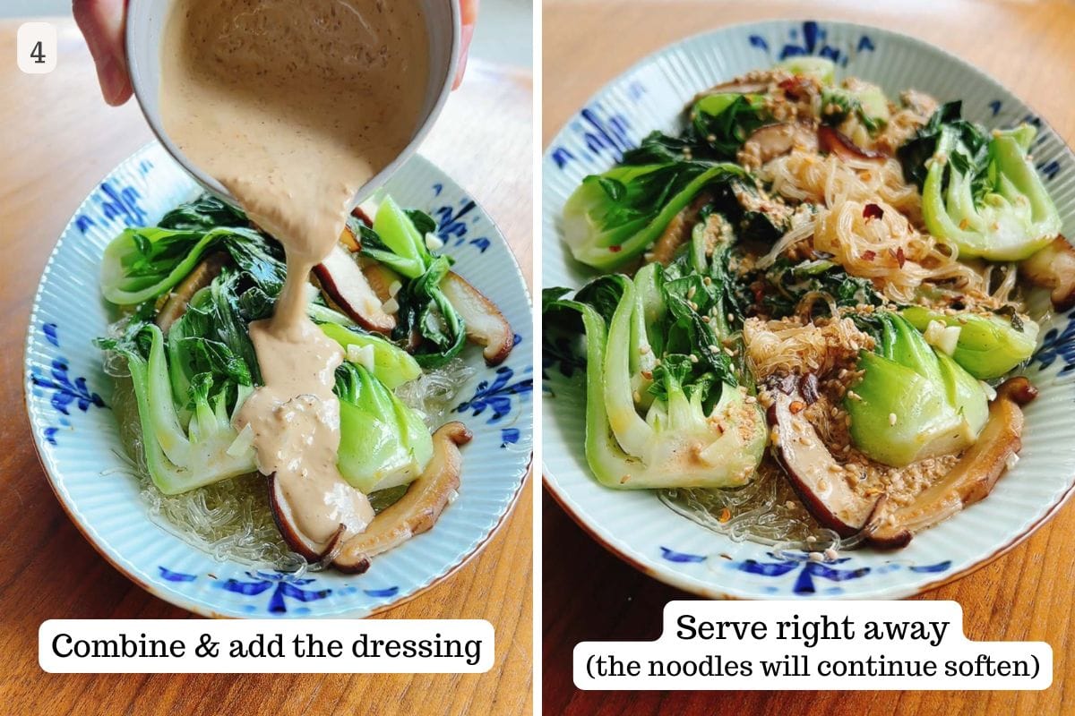 Person demos how to serve kelp noodles with vegetable toppings and sauce.