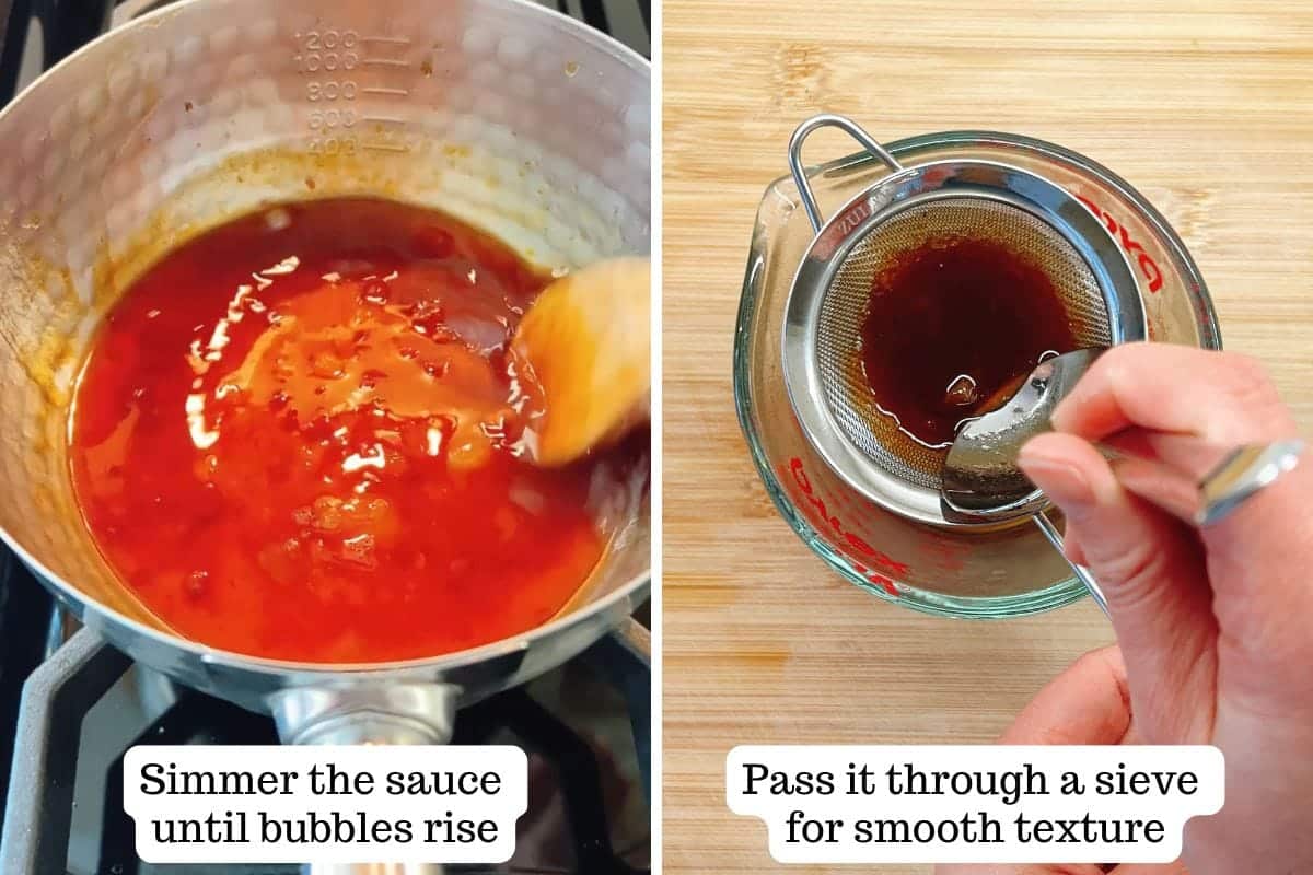 Person demos making sweet and sour sauce and filter the sauce through a sieve for smooth texture.