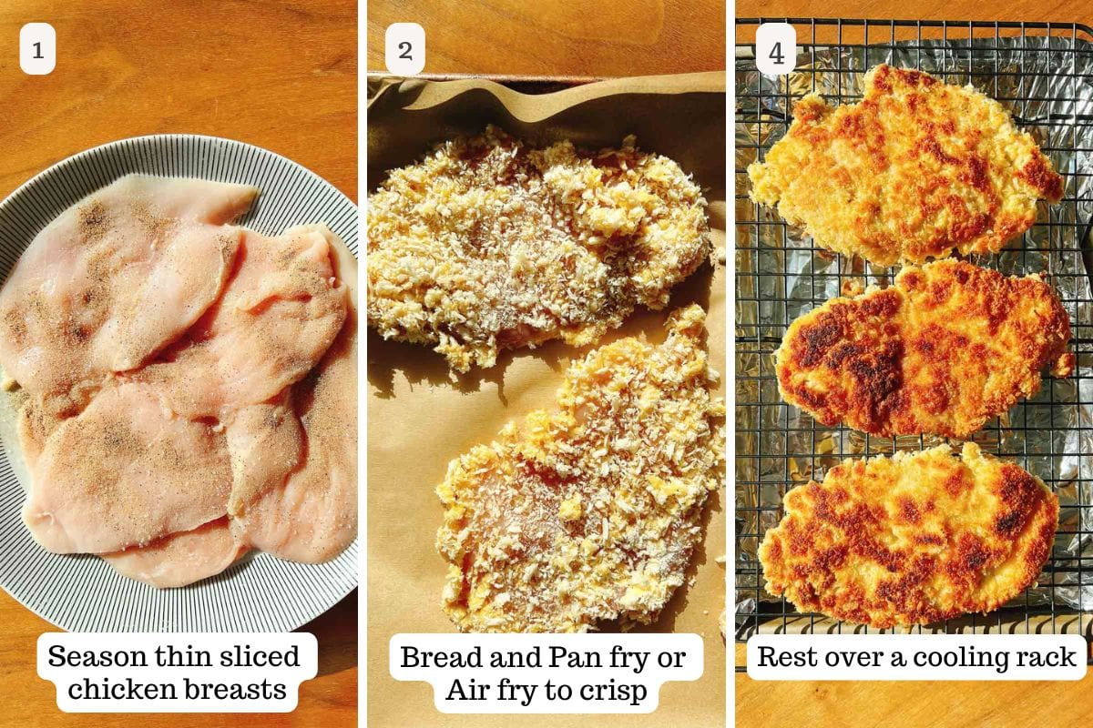 Person demos seasoning the chicken breast, breading it, fry to crispy.