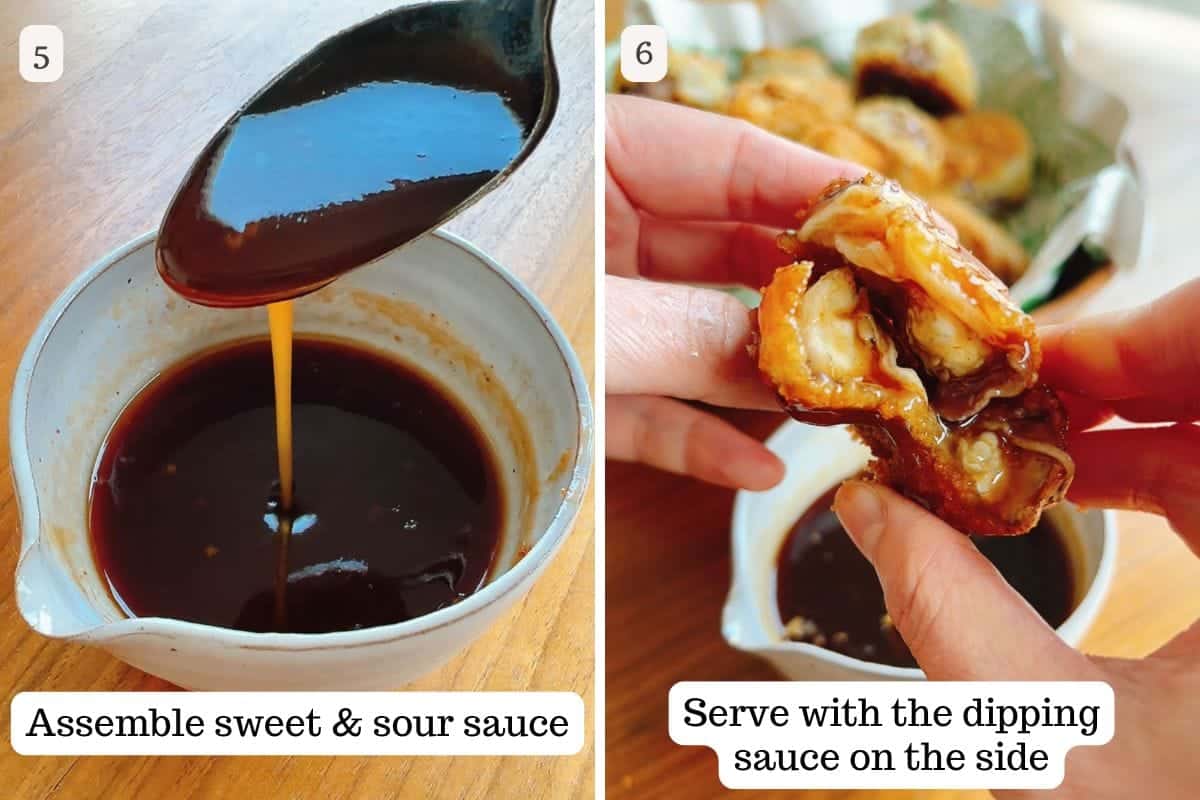 Person demos making sweet sour dipping sauce and dipping the eggplants into the sauce.