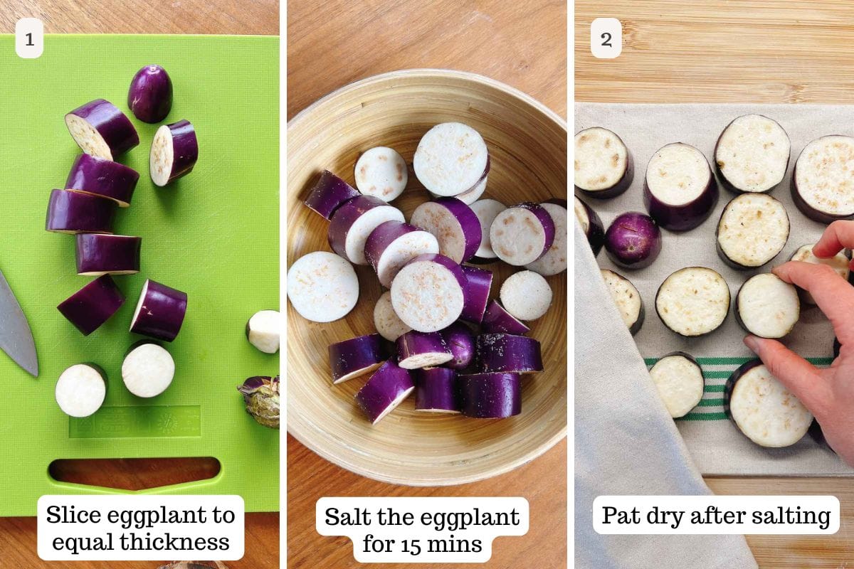 Person demos slicing and salting Chinese eggplants.