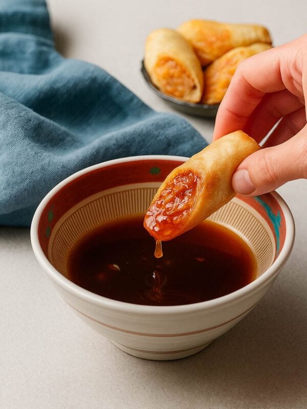 Feature image shows sweet and sour dipping sauce in a bowl, dipped with egg rolls.