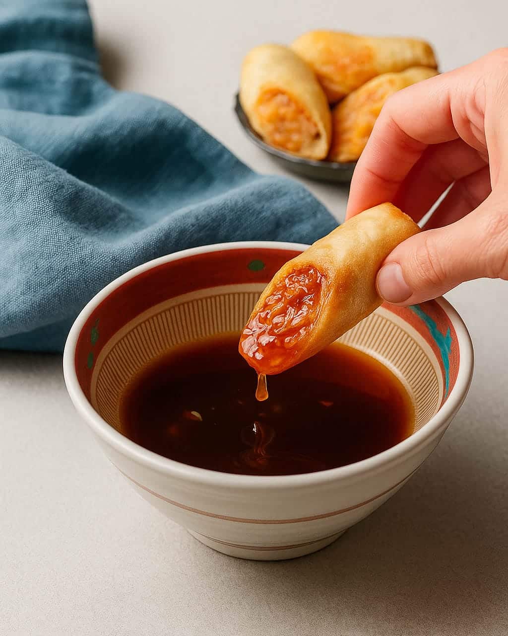 Feature image shows sweet and sour dipping sauce in a bowl, dipped with egg rolls.