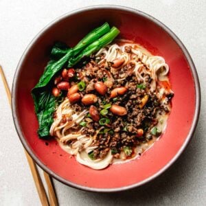 Recipe image for Taiwanese style dan dan noodles with creamy nutty dan dan sauce and dan dan pork on top of boiled noodles.