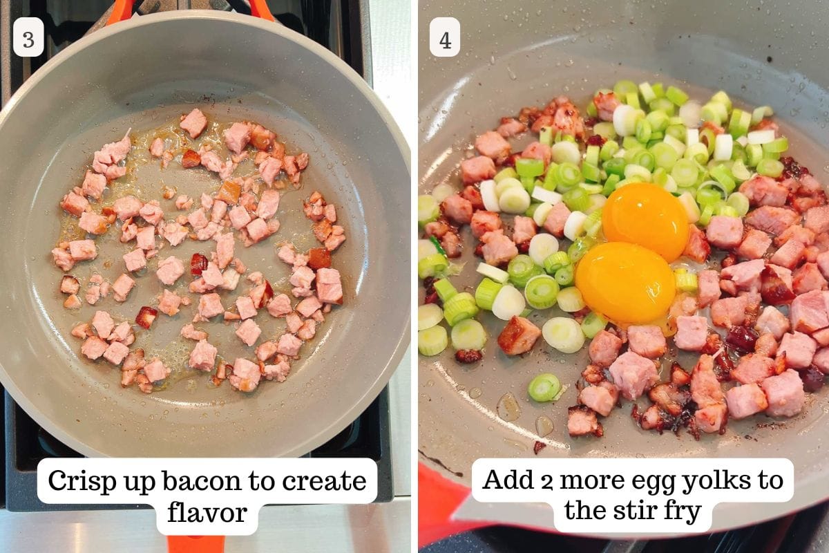 Person demos crisping up the bacon, adding extra egg yolks to the stir fry to create more flavor.