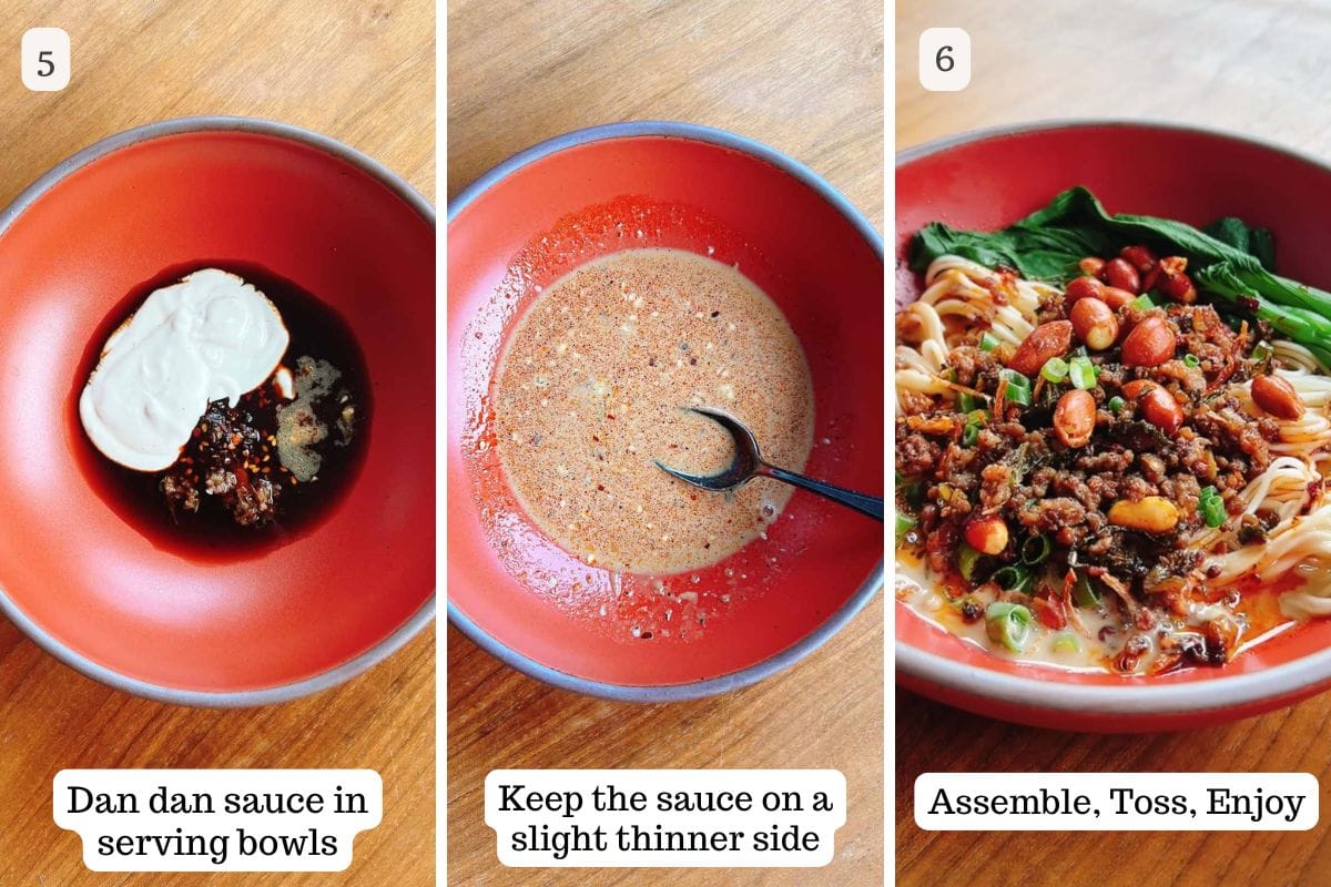 Person demos what to add into the bowl fo dan dan noodle sauce and how to assemble the noodle bowl.