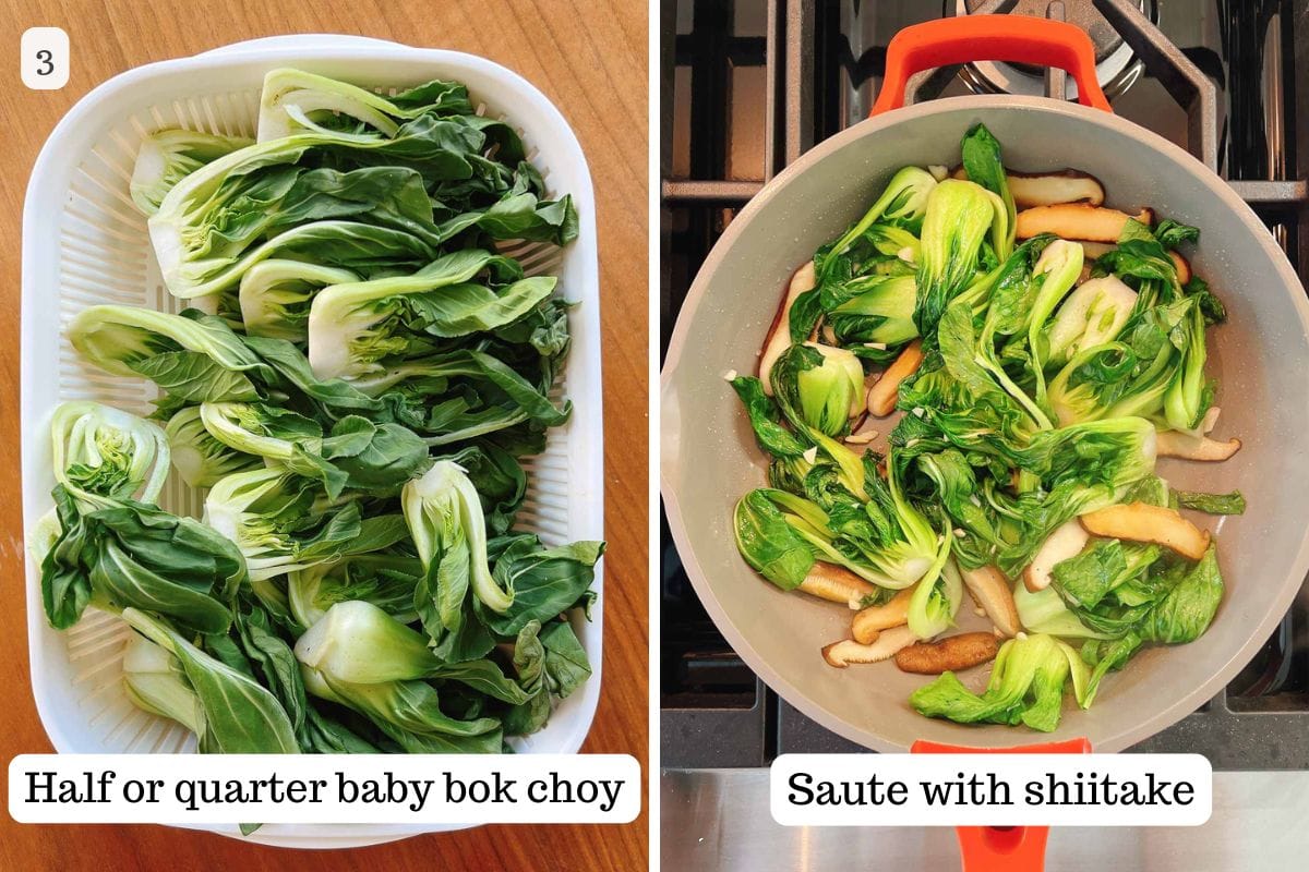 Person demos cutting baby bok choy and saute them in a saute pan.