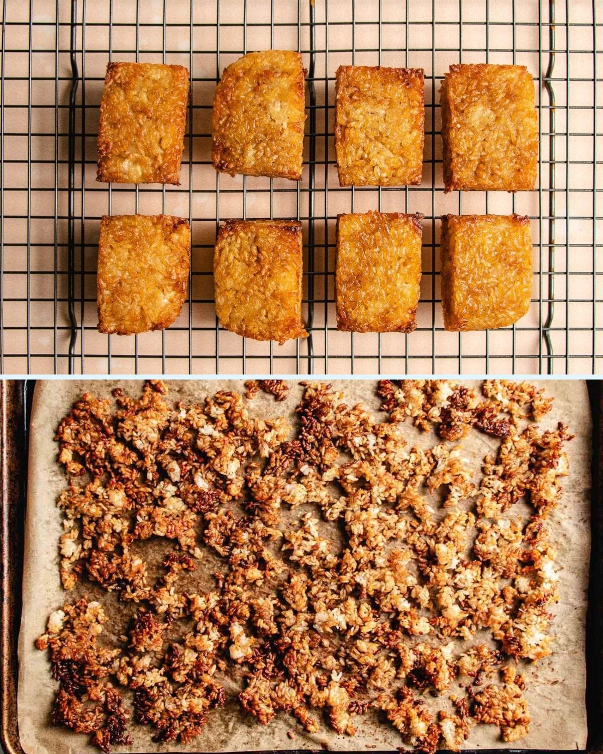 Feature image shows 2 types of crispy rice - square bites and crunchy grains.