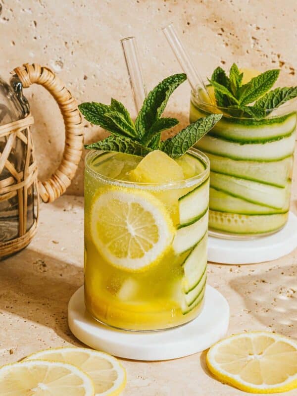 Two refreshing cucumber mocktails garnished with lemon slices, cucumber ribbons, and fresh mint leaves, served in clear glasses with straws on white coasters. Lemon slices and a pitcher are nearby on a beige surface.