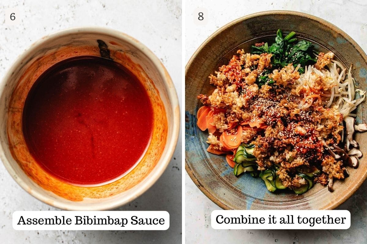 Person demos making bibimbap sauce and combine with crispy rice grains before serving.