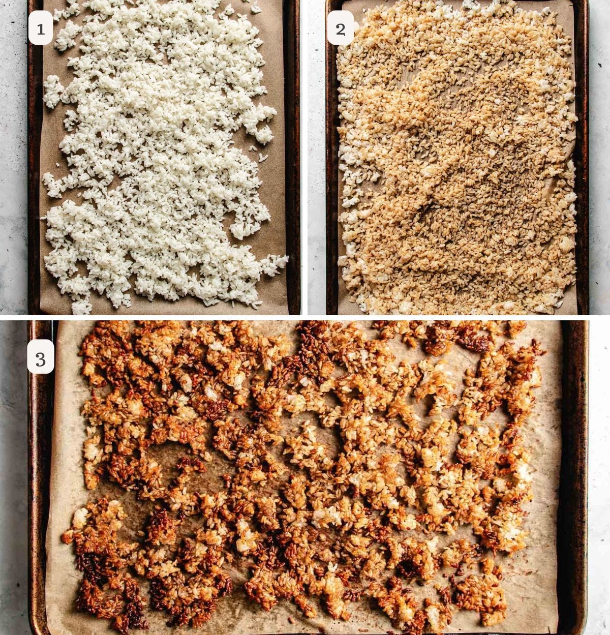 Person demos how to make baked crispy rice grains in the oven.
