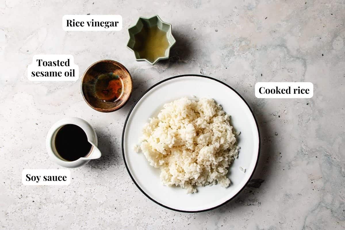 Photo shows cooked rice with simple seasonings to make the best crispy rice at home!