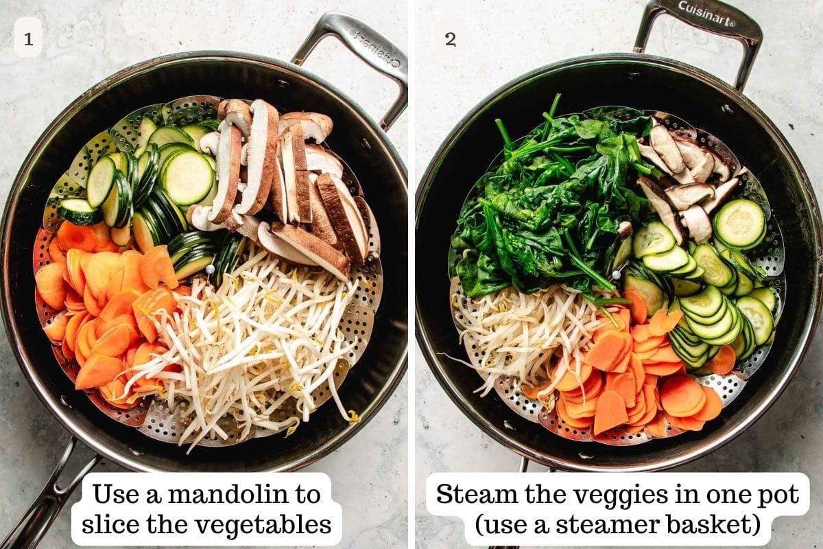 Person demos how to make bibimbap vegetables in one pot easy and fast.