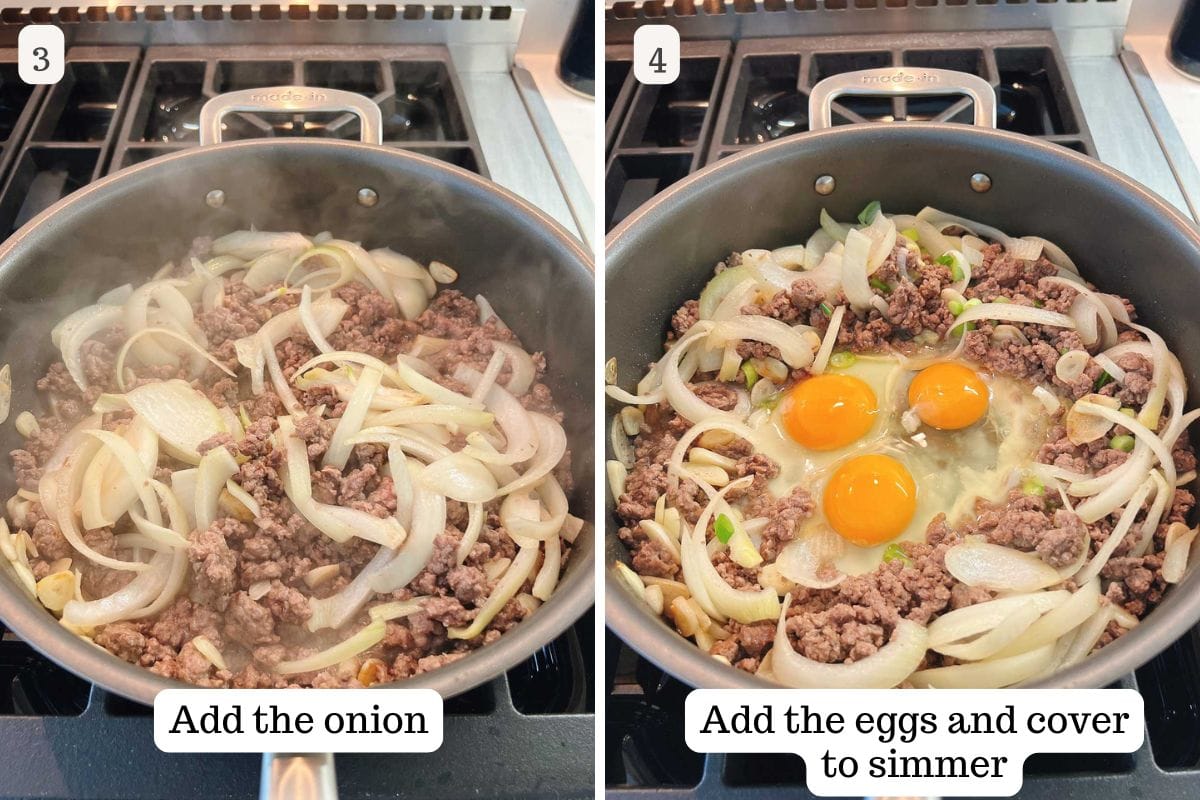 A side-by-side image shows ground beef bulgogi and sliced onions cooking in a pan, then three raw eggs added on top. The first panel says Add the onion, and the second says Add the eggs and cover to simmer.