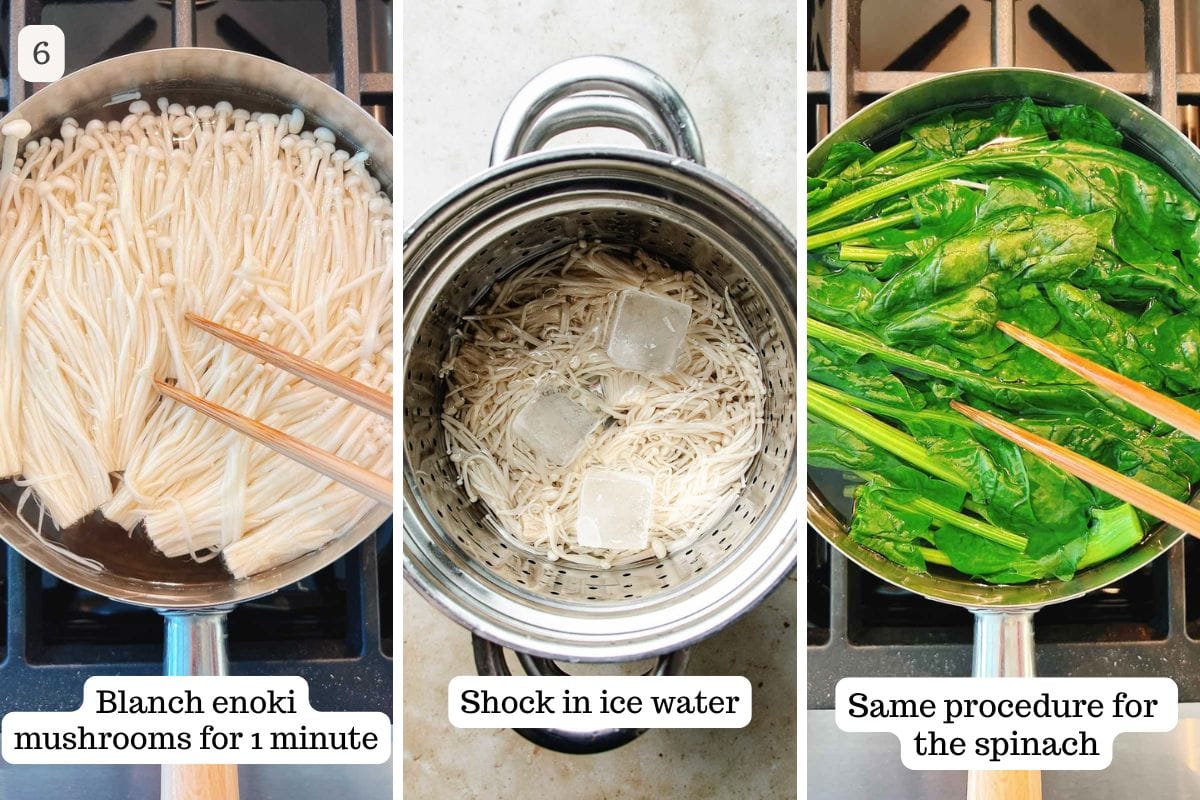 Three panels show: 1) Enoki mushrooms for an enoki mushroom salad being blanched in boiling water, 2) Enoki mushrooms cooling in ice water, 3) Spinach being blanched. Text labels describe each step of the blanching and cooling process.