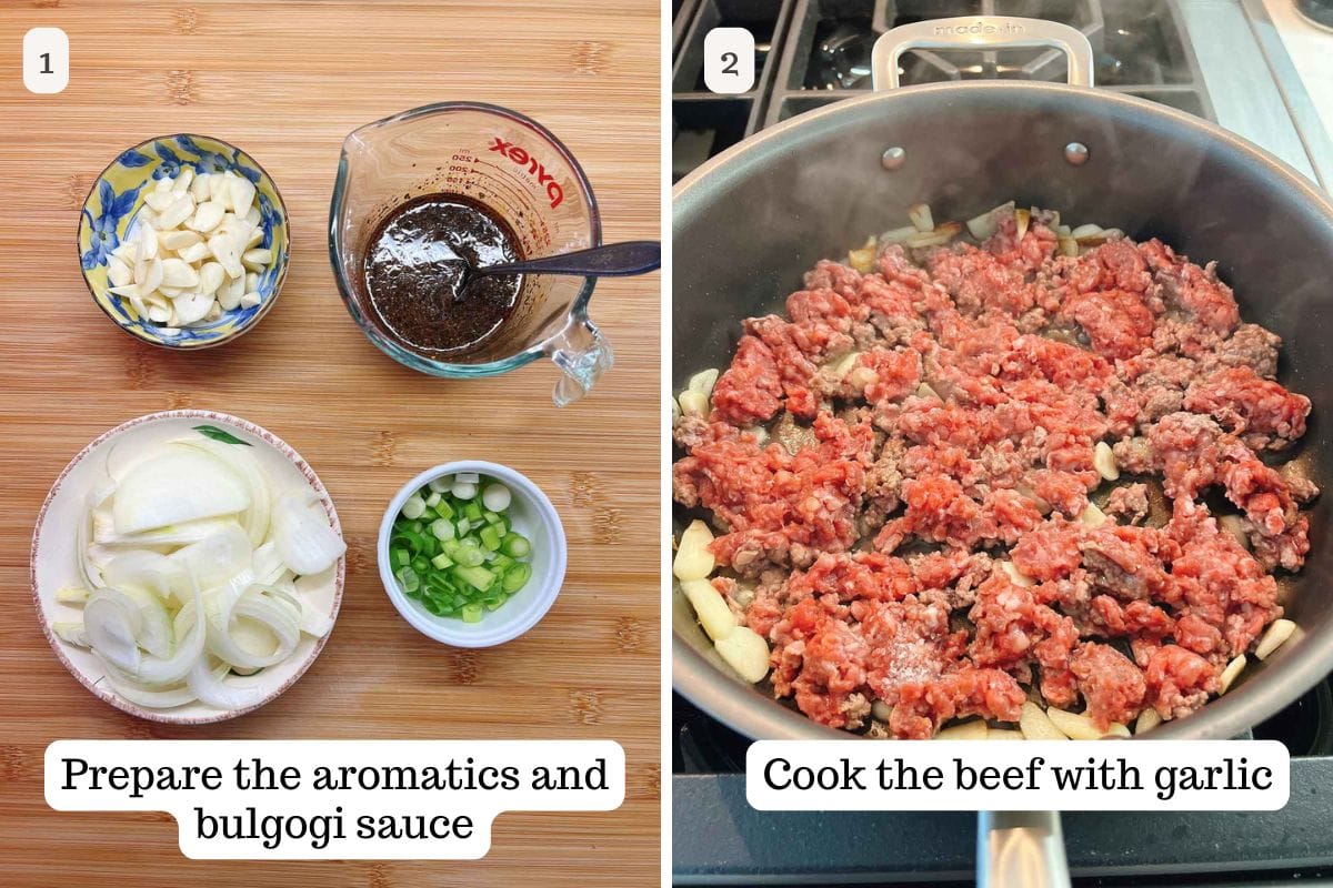 Step 1 shows ingredients for ground beef bulgogi: sliced onions, chopped green onions, sliced garlic, and bulgogi sauce on a board. Step 2 shows ground beef and garlic cooking in a skillet on the stove.