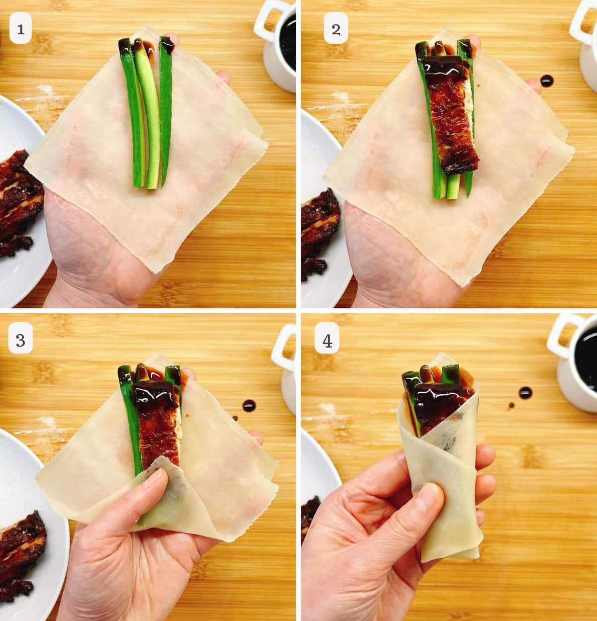 Step-by-step guide showing a hand folding a Chinese pancake with soy chicken, cucumber, and soy sauce chicken marinade. Ingredients are placed on the pancake and neatly rolled in four illustrated panels.
