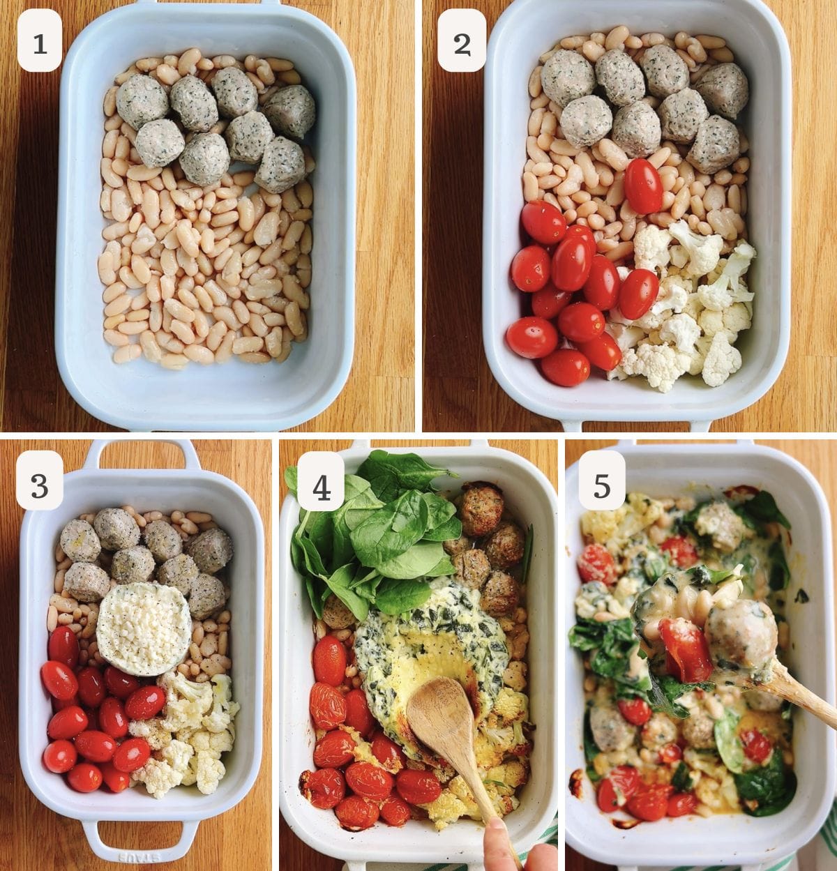 A five-step collage shows a white baking dish being filled with white beans, chicken meatballs, tomatoes, and cauliflower for a chicken cauliflower casserole, then topped with ricotta and spinach, stirred with egg mixture, and baked until golden.