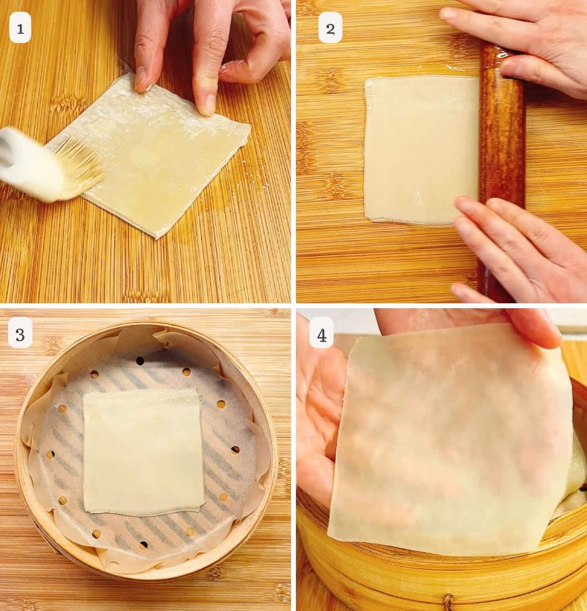 Four-step collage showing how to make Chinese pancakes: brushing wonton wrappers with flour, rolling it out, placing it in a steamer lined with parchment, and holding a finished translucent wrapper—perfect for pairing with soy sauce chicken marinade.