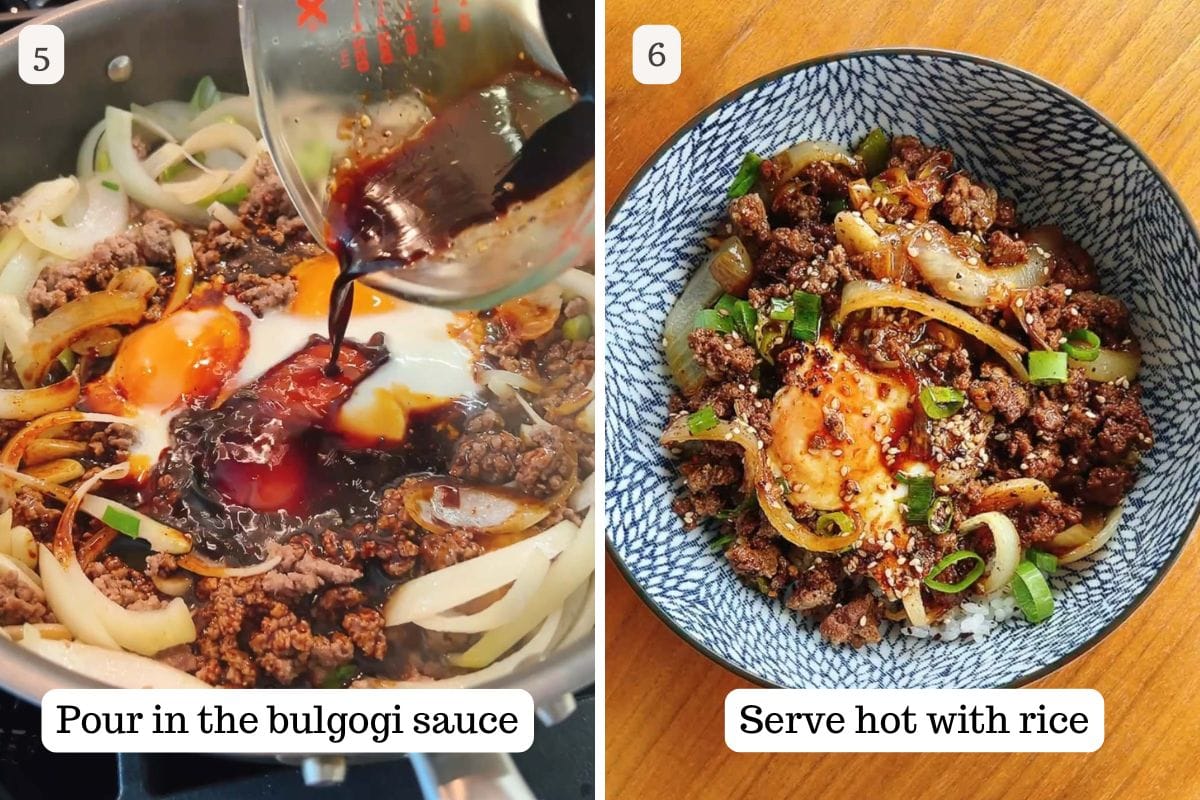 Left: Ground beef bulgogi sauce is being poured over ground beef and onions in a pot. Right: The cooked ground beef bulgogi is served in a bowl with rice, topped with green onions. Instructional text appears on both images.