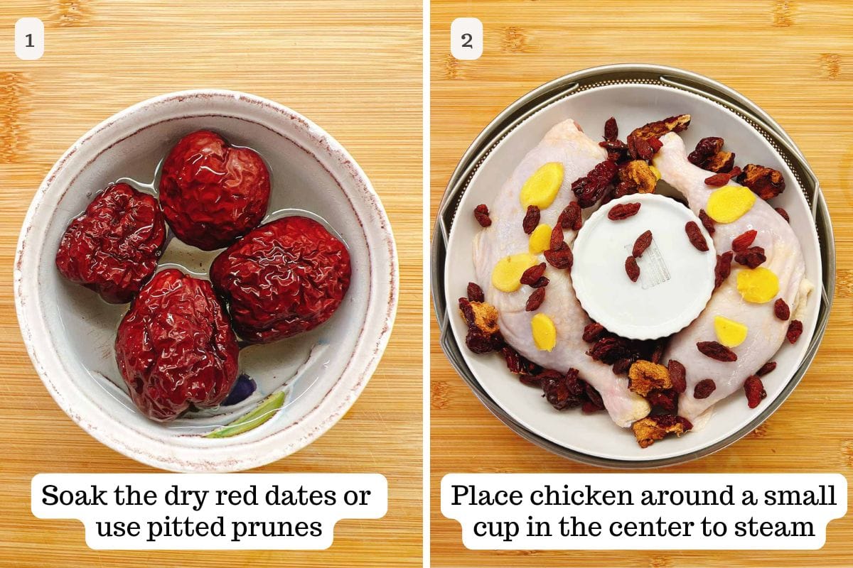 Image split into two panels: left shows four dry red dates soaking in water; right features Chinese steamed chicken pieces arranged around a small cup, topped with sliced ginger, goji berries, and prunes, ready to steam.