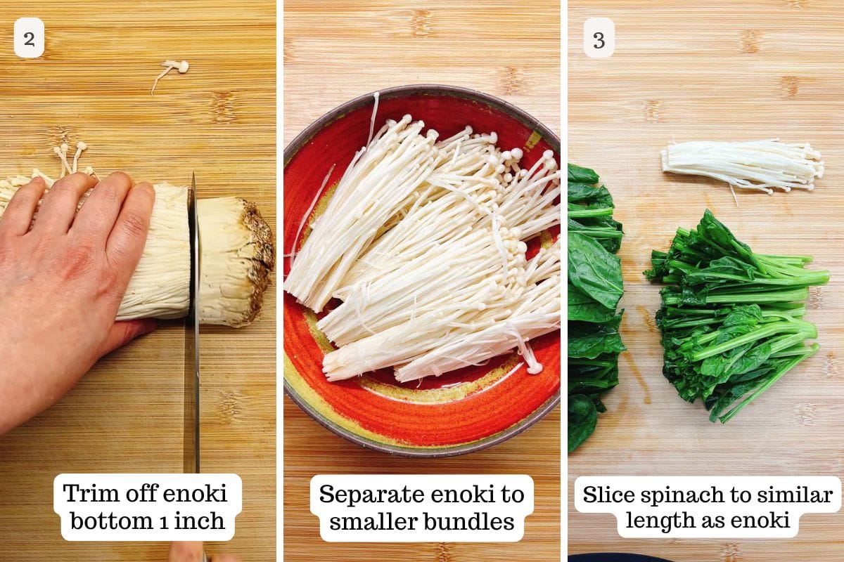 Three images show steps for enoki mushroom salad: (1) a hand trims 1 inch off enoki mushrooms, (2) enoki mushrooms separated into smaller bundles in a red bowl, and (3) spinach sliced to match the length of the enoki.