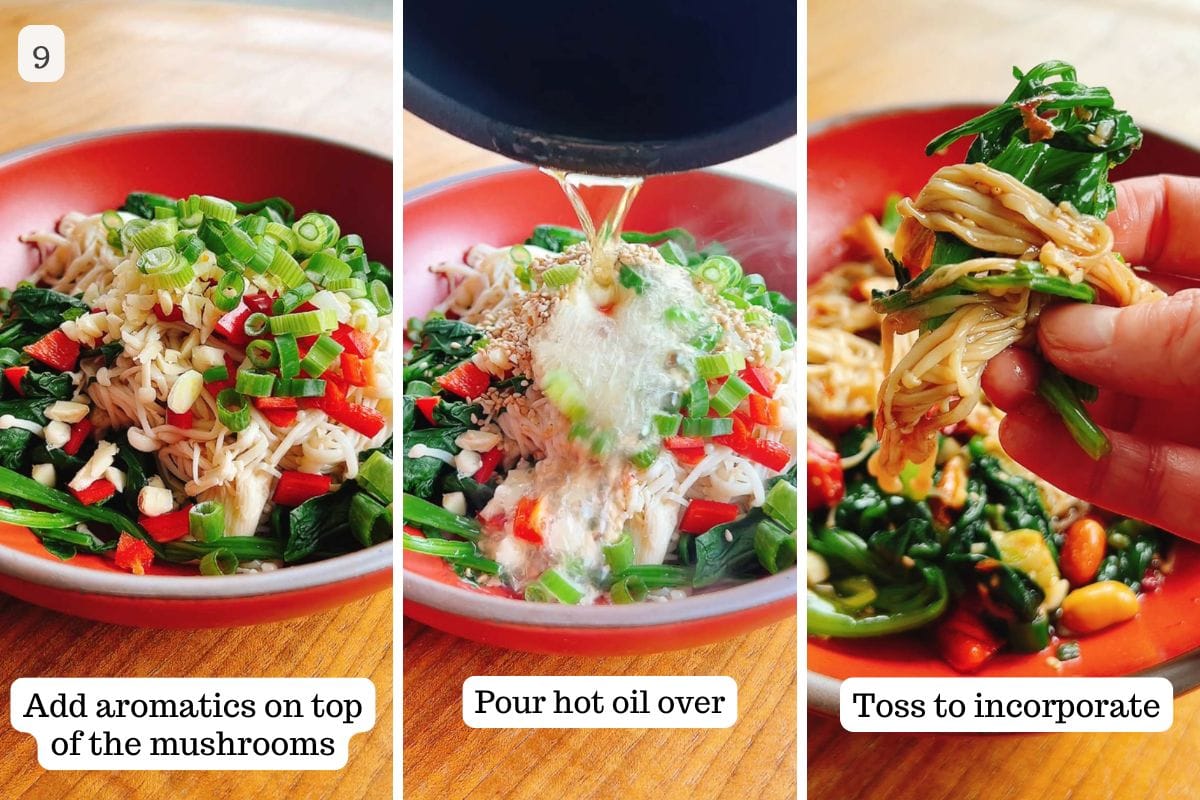 Three-panel image showing a bowl with enoki mushroom salad, veggies, and green onions. Hot oil is poured over in the middle panel, and the ingredients are mixed with chopsticks in the final panel. Text instructions appear below each step.