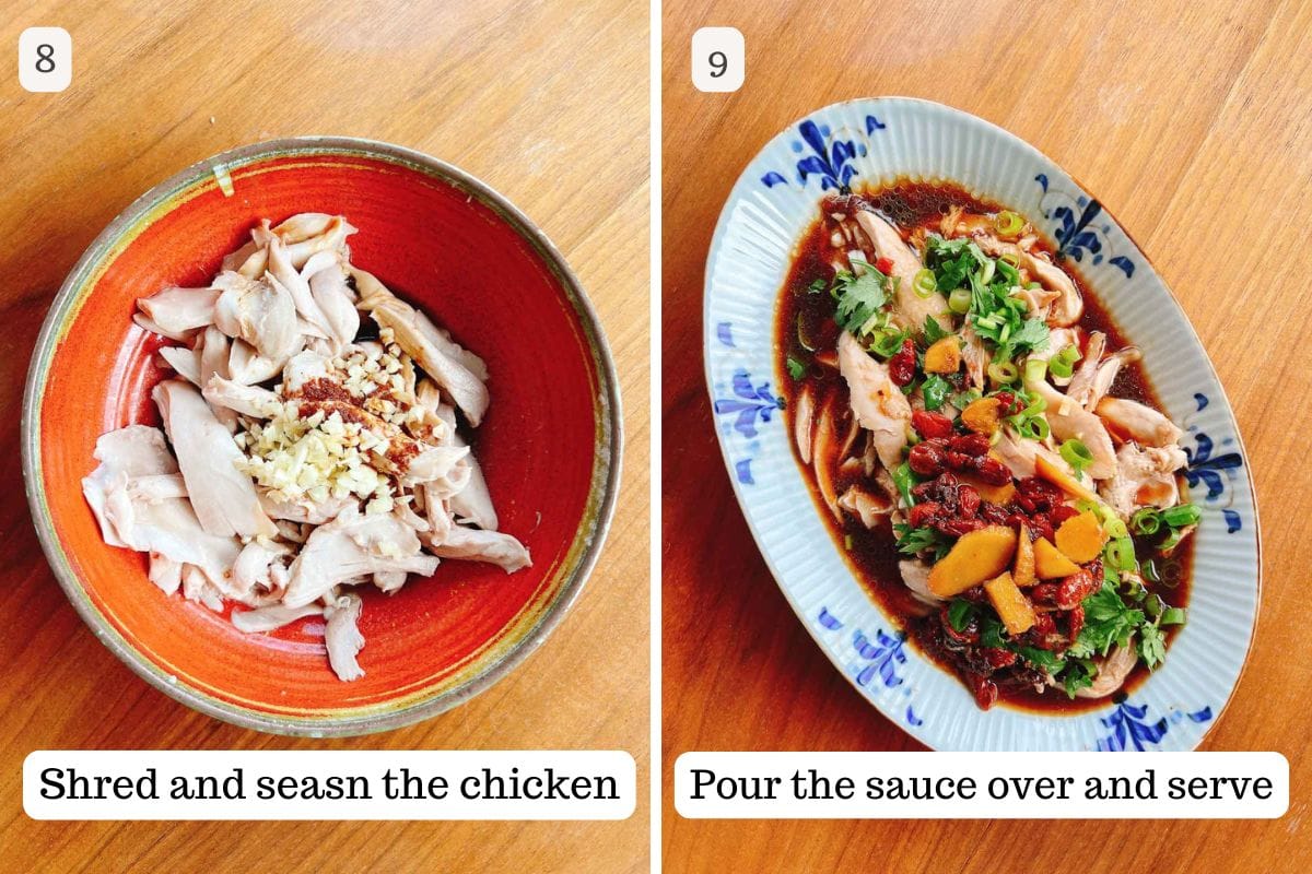 Image with two steps for a Chinese steamed chicken dish: Step 8 shows shredded chicken in a bowl with seasonings; Step 9 shows the shredded chicken plated with sauce, herbs, and garnishes, ready to serve.
